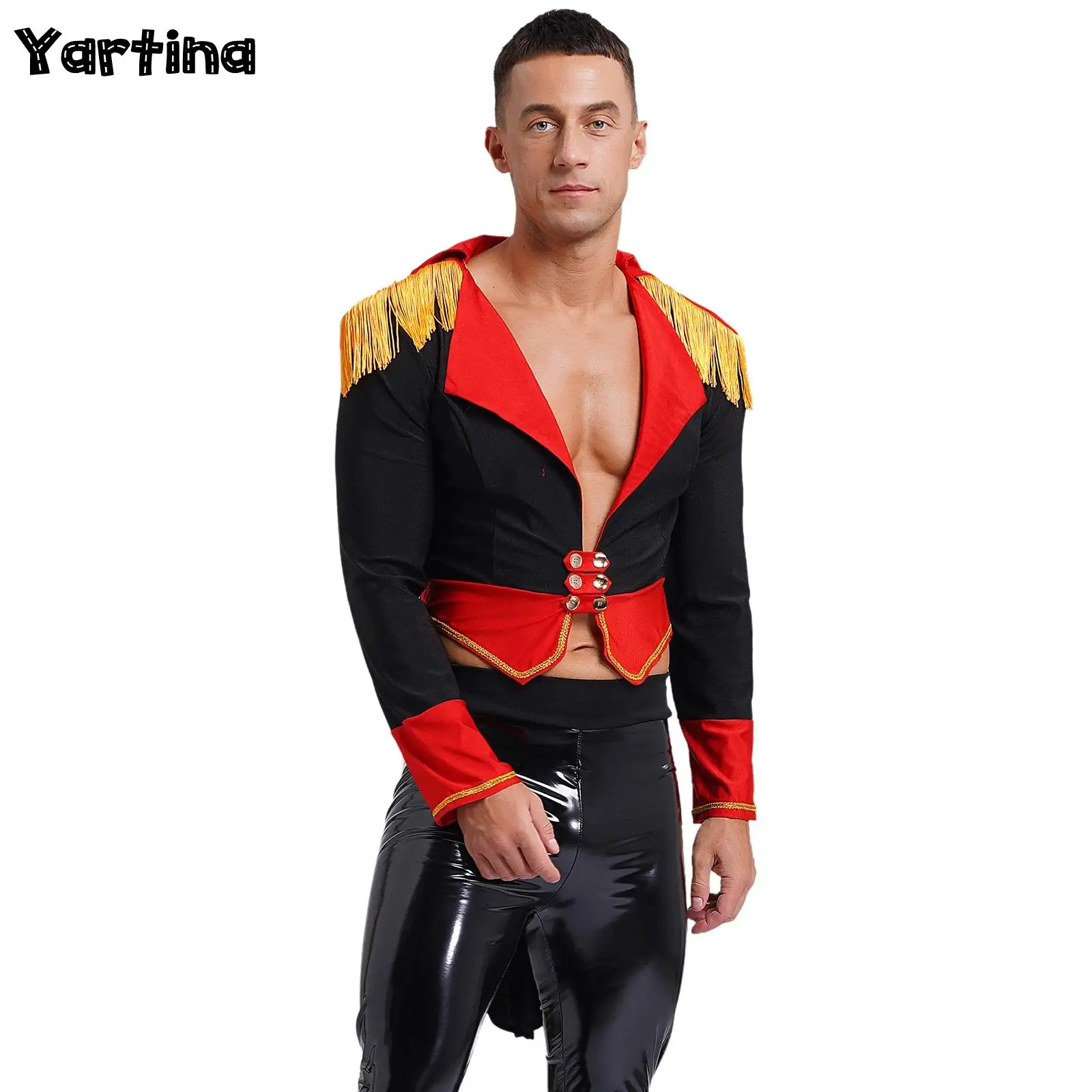 Mens Halloween Circus Magician Outerwear Circus Ringmaster Cosplay Costume Long Sleeve Deep V Neck Double-Breasted Tailcoat