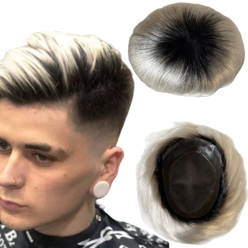 

Монгольские системы натуральных человеческих волос Omber Color T1B/ # 60 Платиновый блондин AUS парик 8x10 с кружевом и полиуретановым блоком для белого цвета