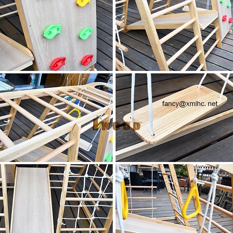 مجموعة التسلق الثلاثية الصخور تسلق جدار سوينغ مقعد سلالم مع حلقات مستديرة الشريحة جدار حبل سلم شبكات التسلق حلقات الصالة الرياضية #6