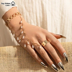 1pcs Pendant Chain Bracelet Link Connected Gold Colour Wide Finger Ring Bracelets For Women Link Hand Harness Jewelry