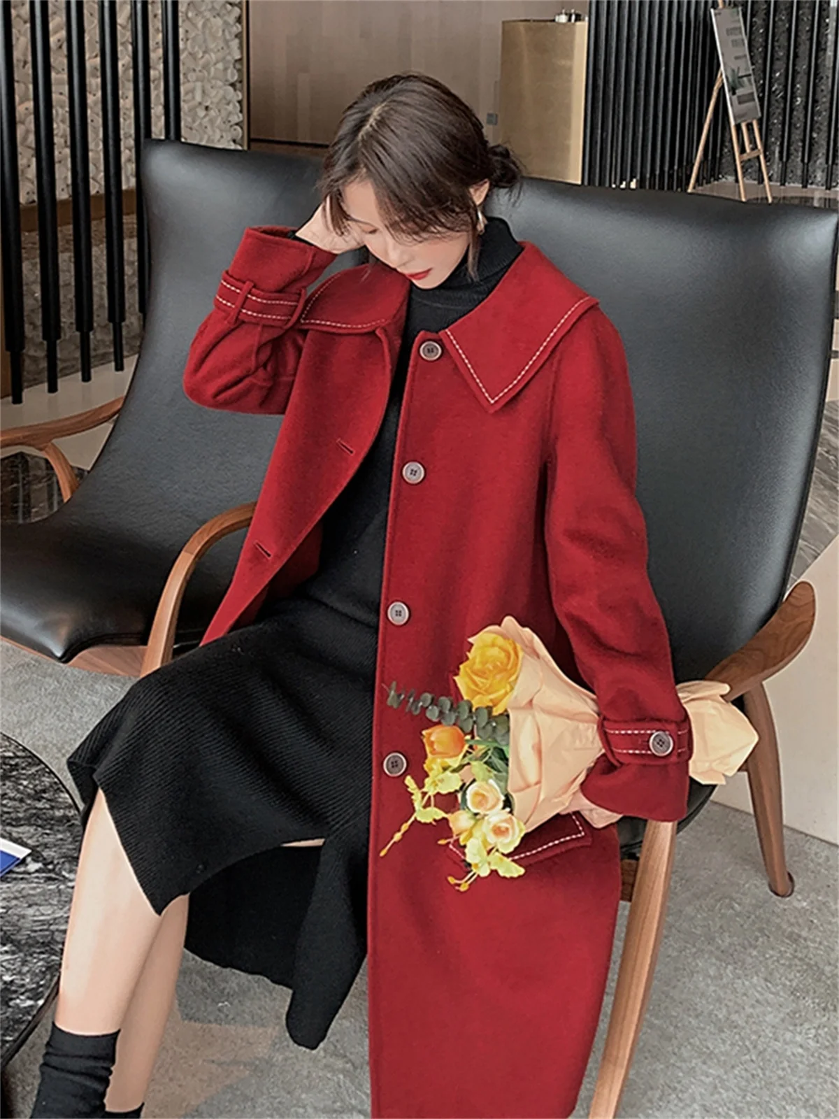 Autumn And Winter 2022 New Korean Version Of Famous Ladies Small Fragrance Medium Long Woolen Coat Red Double Faced Cashmere