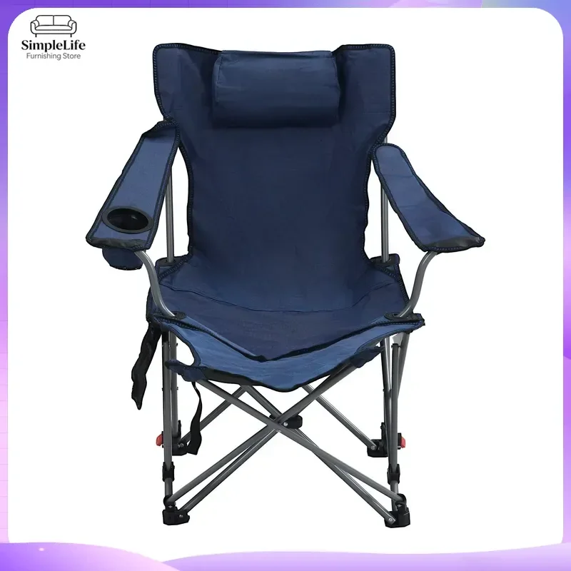 Dark Blue Outdoor Folding Reclining Chair with Cup Holder Portable Adjustable Beach Chair 3-Level Backrest for Camping Garden
