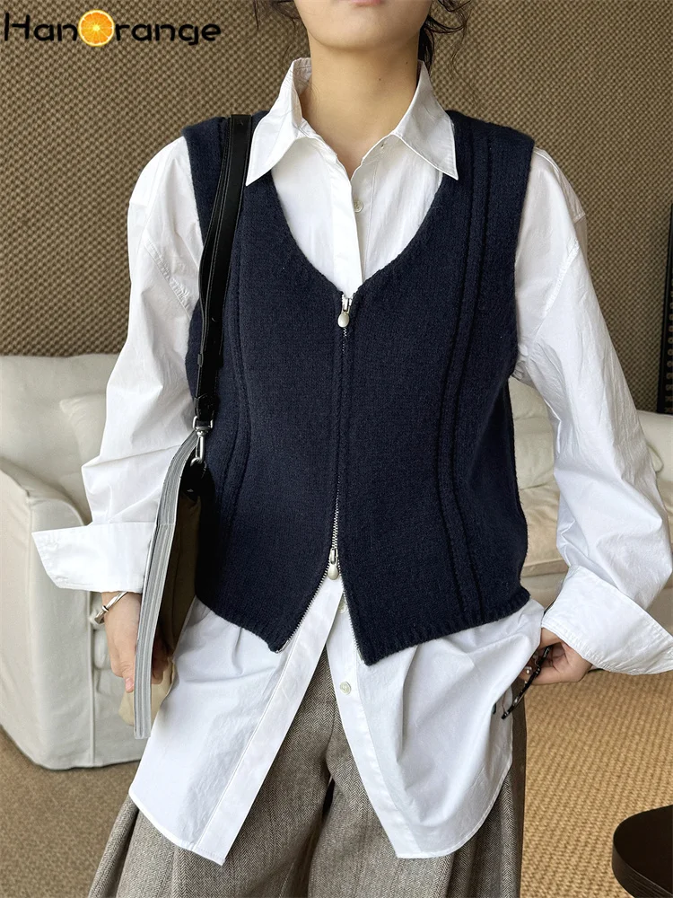 

Жилет HanOrange 2026 весна, минималистичный, с двойной молнией, комбинированный, женский, комфортный, без рукавов, цвета: абрикосовый/серый/темно-синий