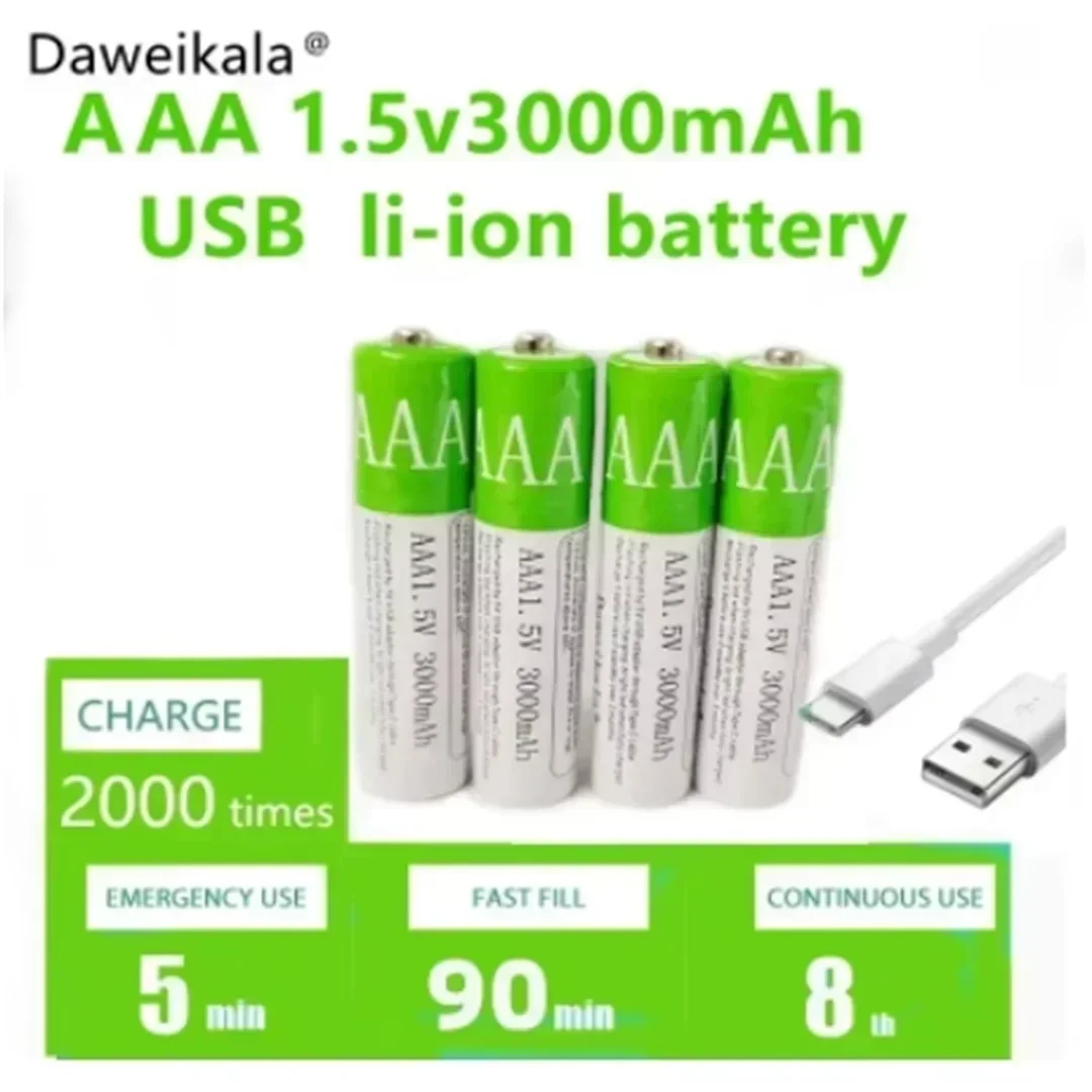 

USB AAA rechargeable battery 1.5V 3000mAh remote control mouse lithium-ion battery electric toy battery+C-type cable