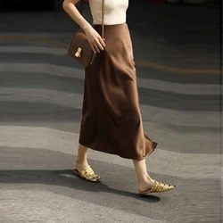 2024 Summer Women Elegant Fashion Satin Vintage High Waist Party Skirts Office Lady Luxury Solid Sexy Split Slim Midi Skirt Saia