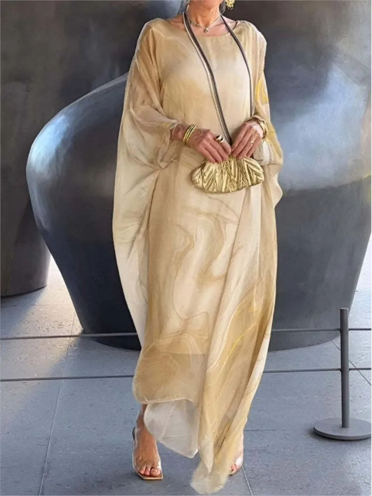 Women Elegantย Bat Sleeved Loose Party Dress Summer Chiffon Printed Marble Leisure Robe Round Neck Fashionable Vacation Dresses