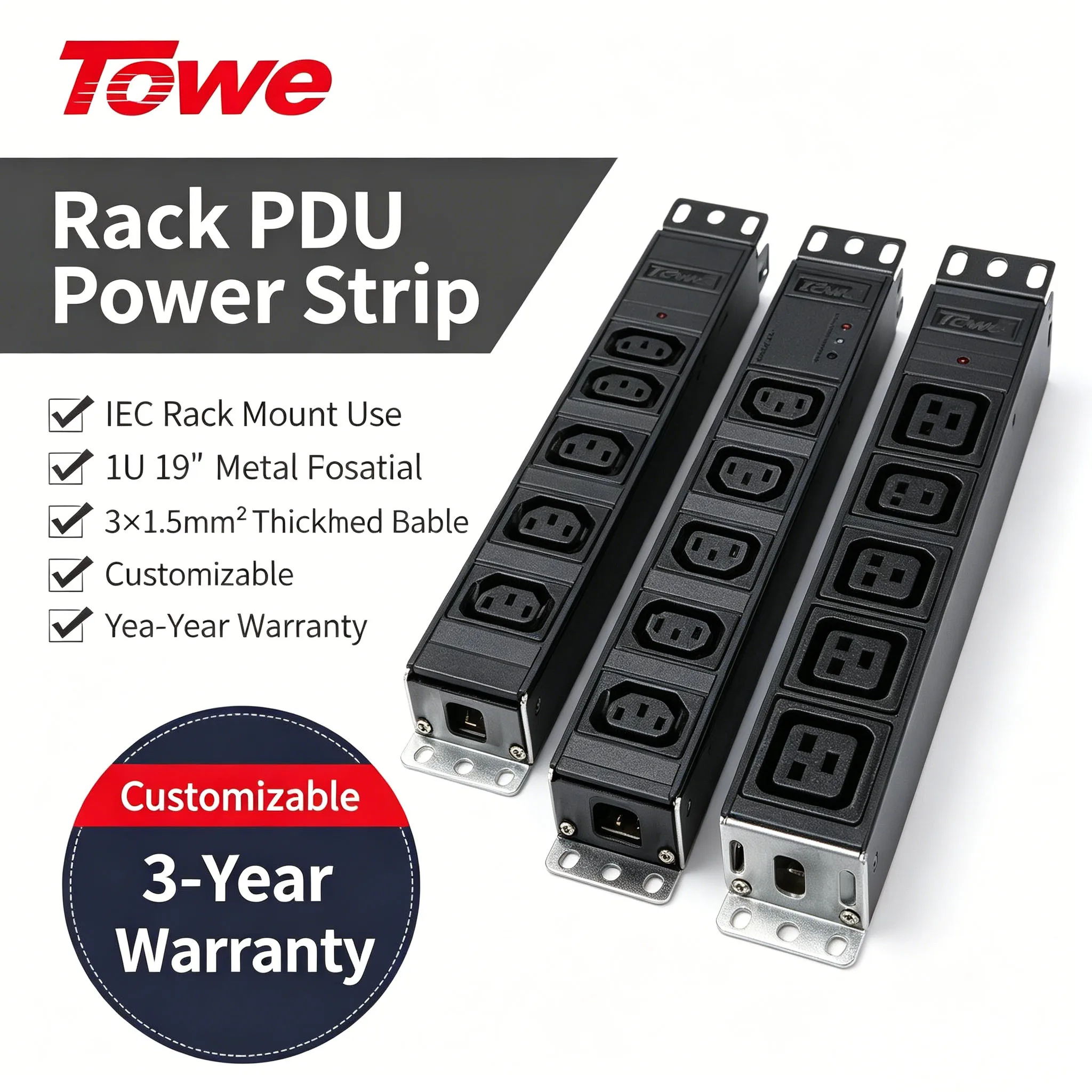 TOWE 7 Outlet IEC C19 Rack Mount PDU 32A 8000W Metal Power Distribution Unit with Terminal Block Input