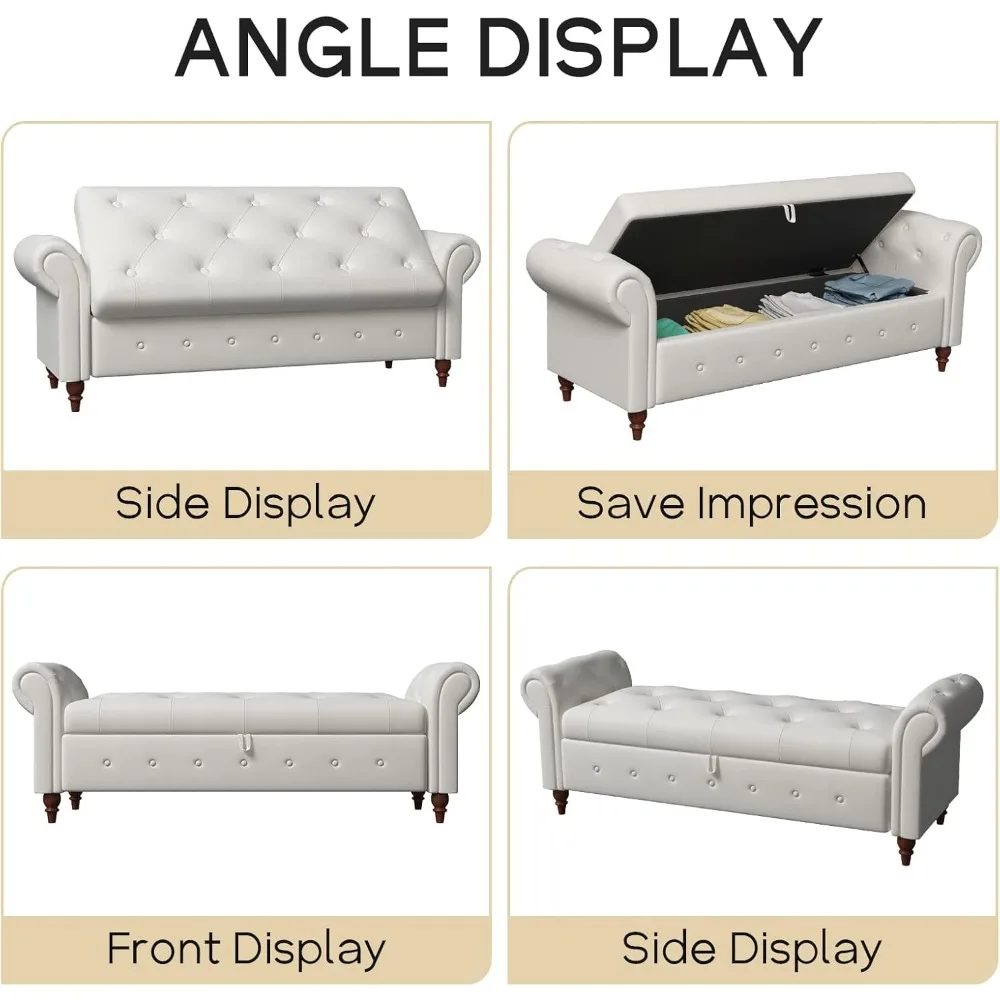 مقعد عثماني للتخزين مقاس 63 بوصة، مقعد مدخل معنقدة بزر نهاية السرير، مقعد طويل للأريكة العثمانية المسلحة المدرفلة لغرفة النوم،