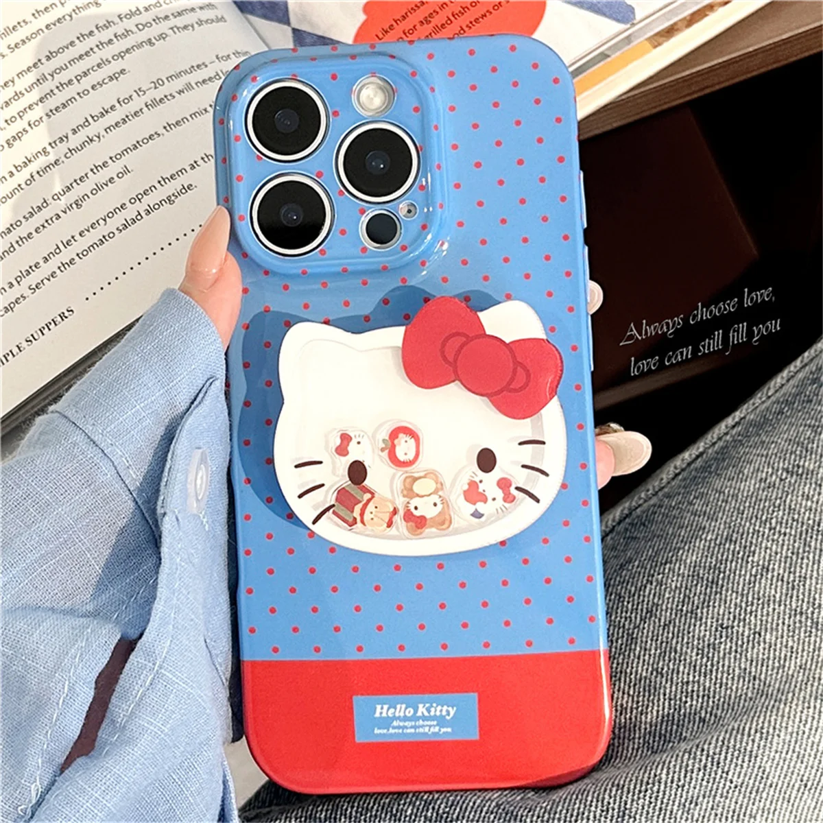 

Simple Blue Polka Dot Phone Case For iPhone 16 Pro 15 14 13 Pro 12 Pro Max Cover with Kitty Stand Silicone Cute Cases
