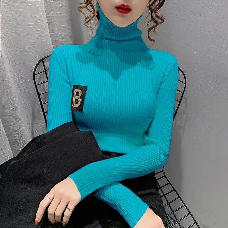 Women Korean Fashion Appliques Turtleneck Elegant Basic Knitwear 2023 Autumn Winter Solid Long Sleeve Slim Pullover Tops Jumpers