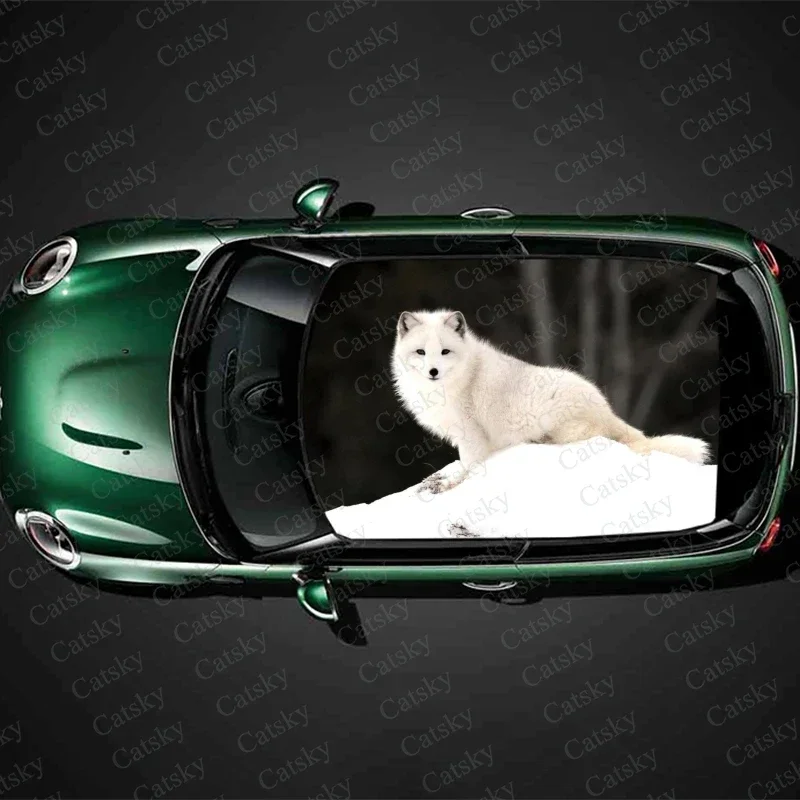 Animal Winter White Fox Car Roof Sticker Decoration Film SUV Decal Hood Vinyl Decal Graphic Wrap Auto Protect Accessories Gift