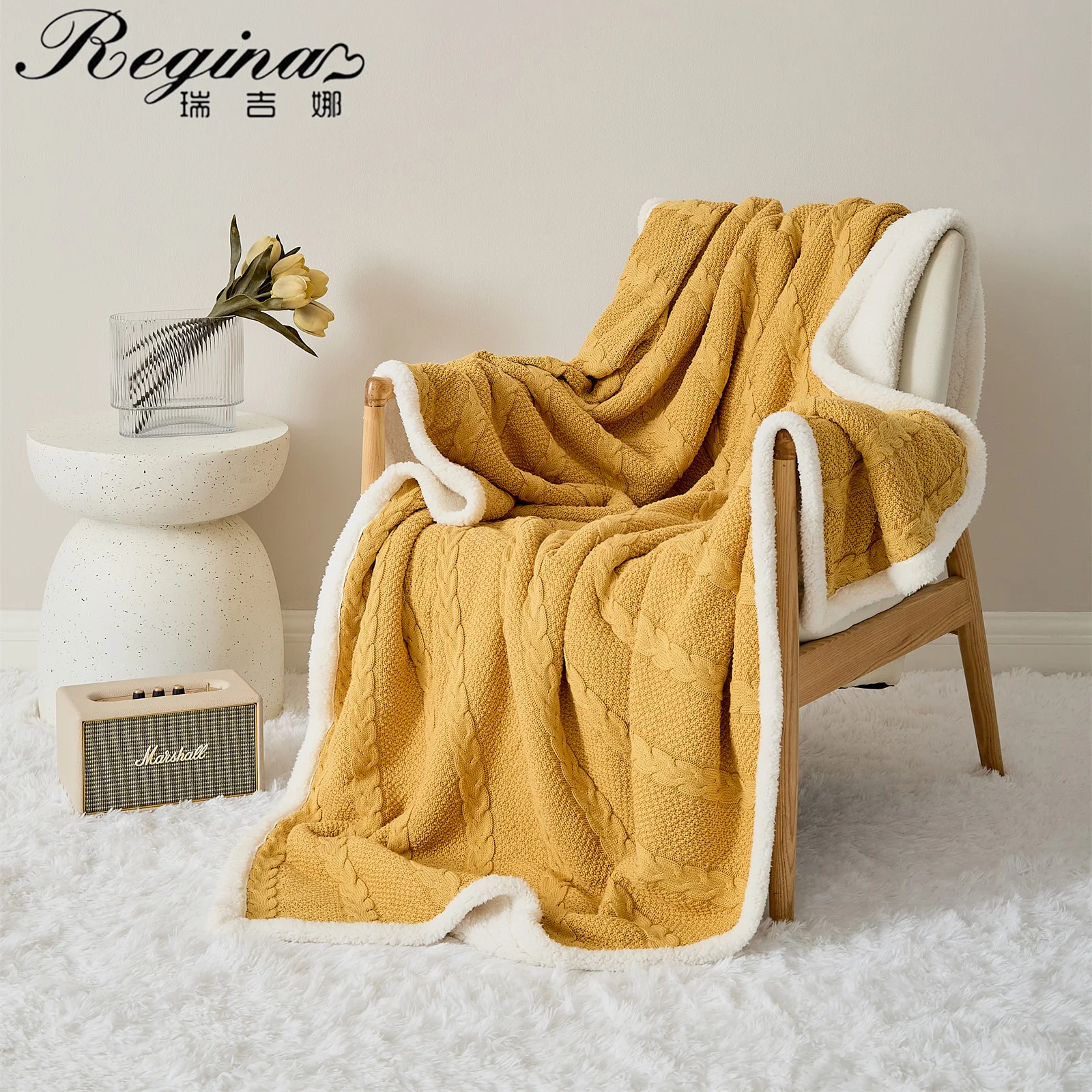 REGINA Nordic Elegant Cable Knit Blanket Autumn Winter Warm Fluffy Thick Cotton Sherpa Blanket Soft Bed Sofa Decorative Blankets