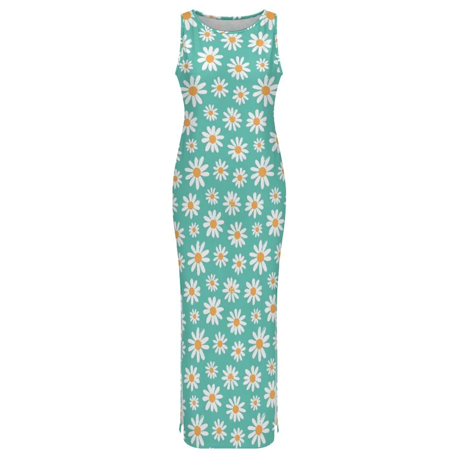 Abito bianco retrò a fiori senza maniche margherite floreale sottile maxi abiti sexy modello moda estiva abito aderente taglia grande 3XL 4XL