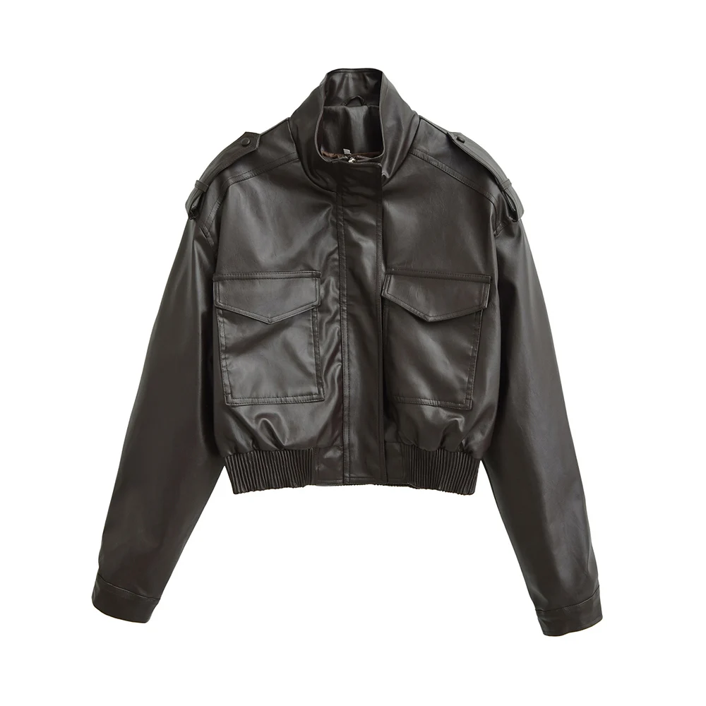 Krótka, ciemna kurtka skórzana damska, klasyczny krój, stójka, wiatroodporna, ciepła, idealna na co dzień, dojazdy do pracy, casualowa odzież wierzchnia.