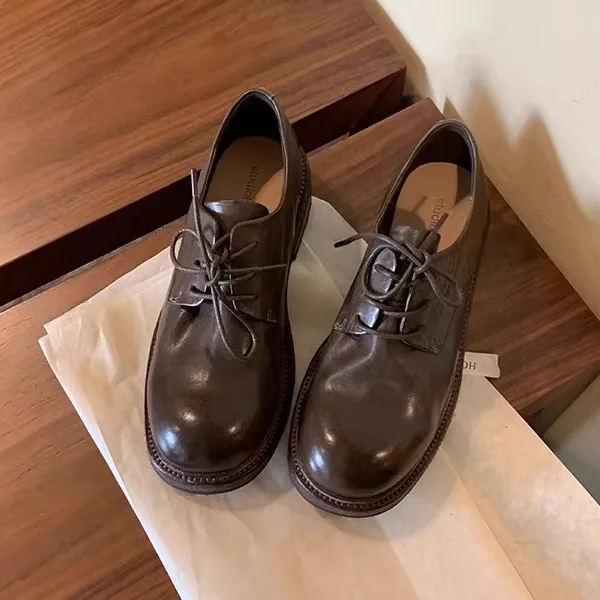 

Кожаные женские туфли Ox oes на раннюю весну, новая текстура с талией, натуральная кожа, без шнуровки, с круглым носком, на низком каблуке