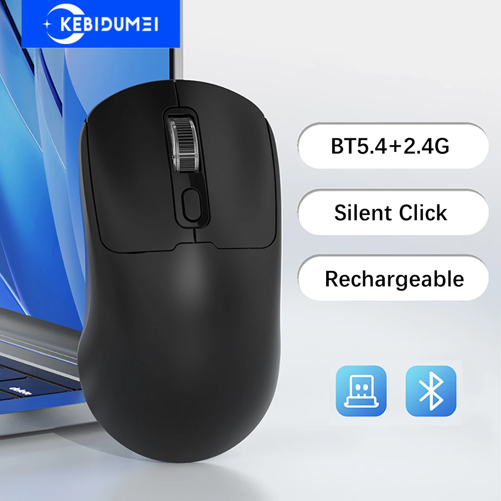 Mouse Sem Fio Dual Mode 2.4G KEBIDUMEI, Mouse Bluetooth 5.4 Silencioso e Recarregável, Mouse Ergonômico para Jogos para Laptop e Macbook