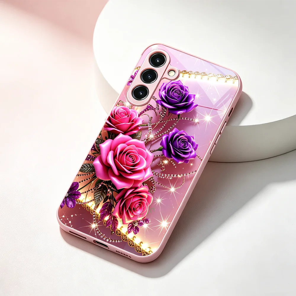 Exquisite fashionable roses Pink Tempered Glass phone case for Samsung Galaxy S26/S25/S24/S23/S22/S21 FE Ultra Plus Shockproof