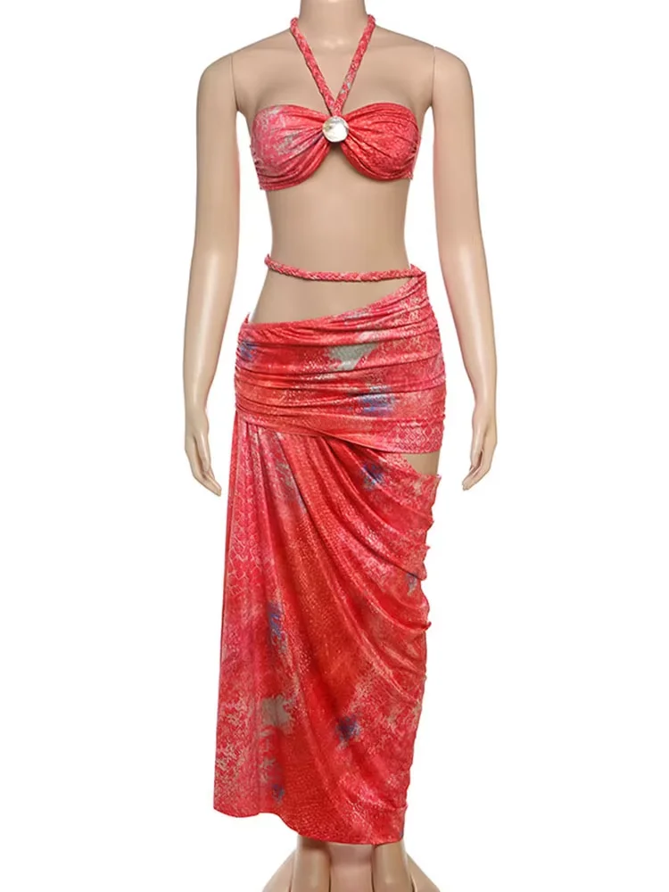 

Cutenew Women's Festival Party Dress Fashion Summer New Tie Dye Halter Mini Tanks+Slash Waist Cut Out Maxi Skirts Mujer Outfits