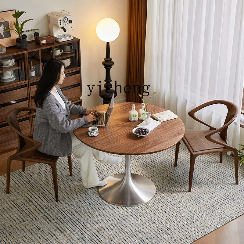 CZ-10 North American Black Walnut Small Round Table Solid Wood Tulip Round Table Stainless Steel Round Dining Table