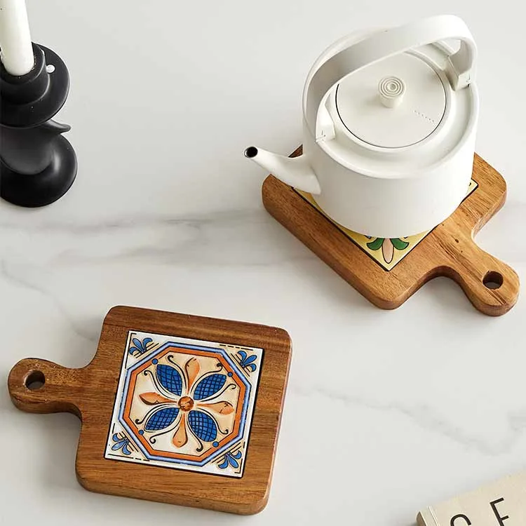 Acacia Wood Tile Trivet Heat Resistant Plate Mat for Ceramic Dishes Pot Wooden Tableware