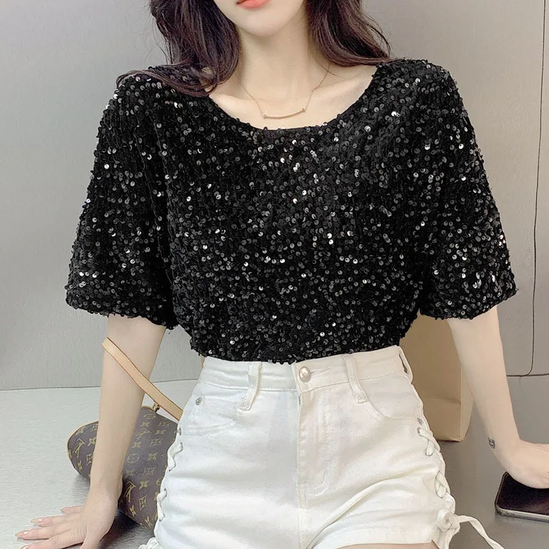 Casual Streetwear Short Sleeve Sexy Crop Tops Elegant Lady T-Shirts O-Neck Blusa Women Fashion Party Glitter Sequin Shirt