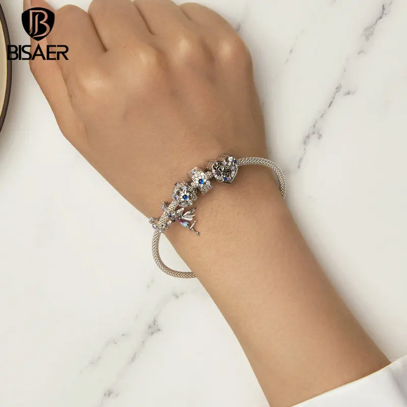 BISAER 925 Sterling Silver Day and Night Elf Charm Bead Zircon Safety Chain Plated Platinum Fit Women DIY Bracelet Fine Jewelry