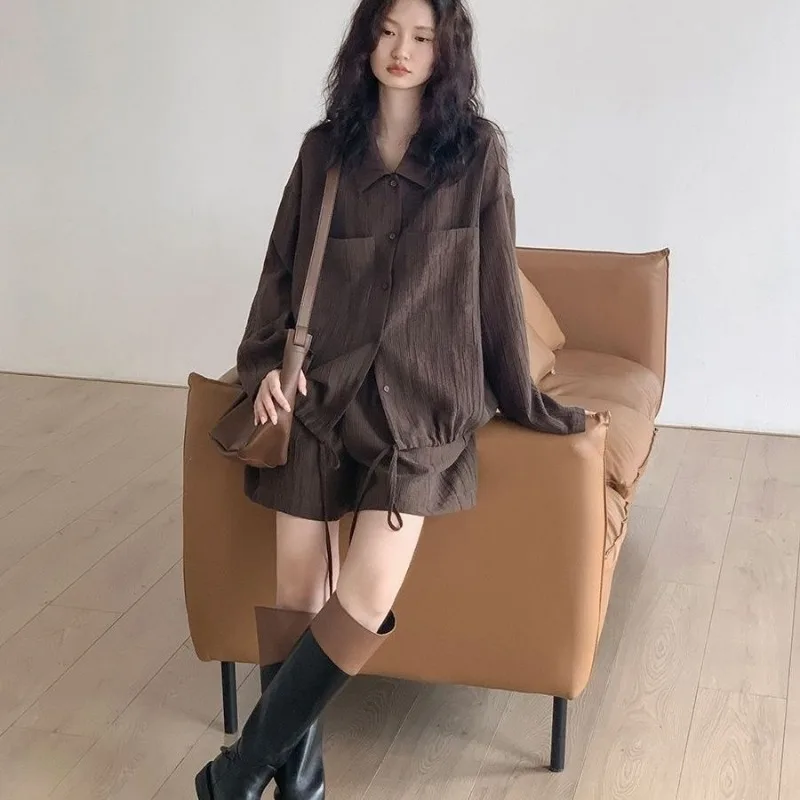 Women Brown Textured Lapel Pocket Loose Shirt Drawstring High Waist Shorts 2Pcs  Casual Set