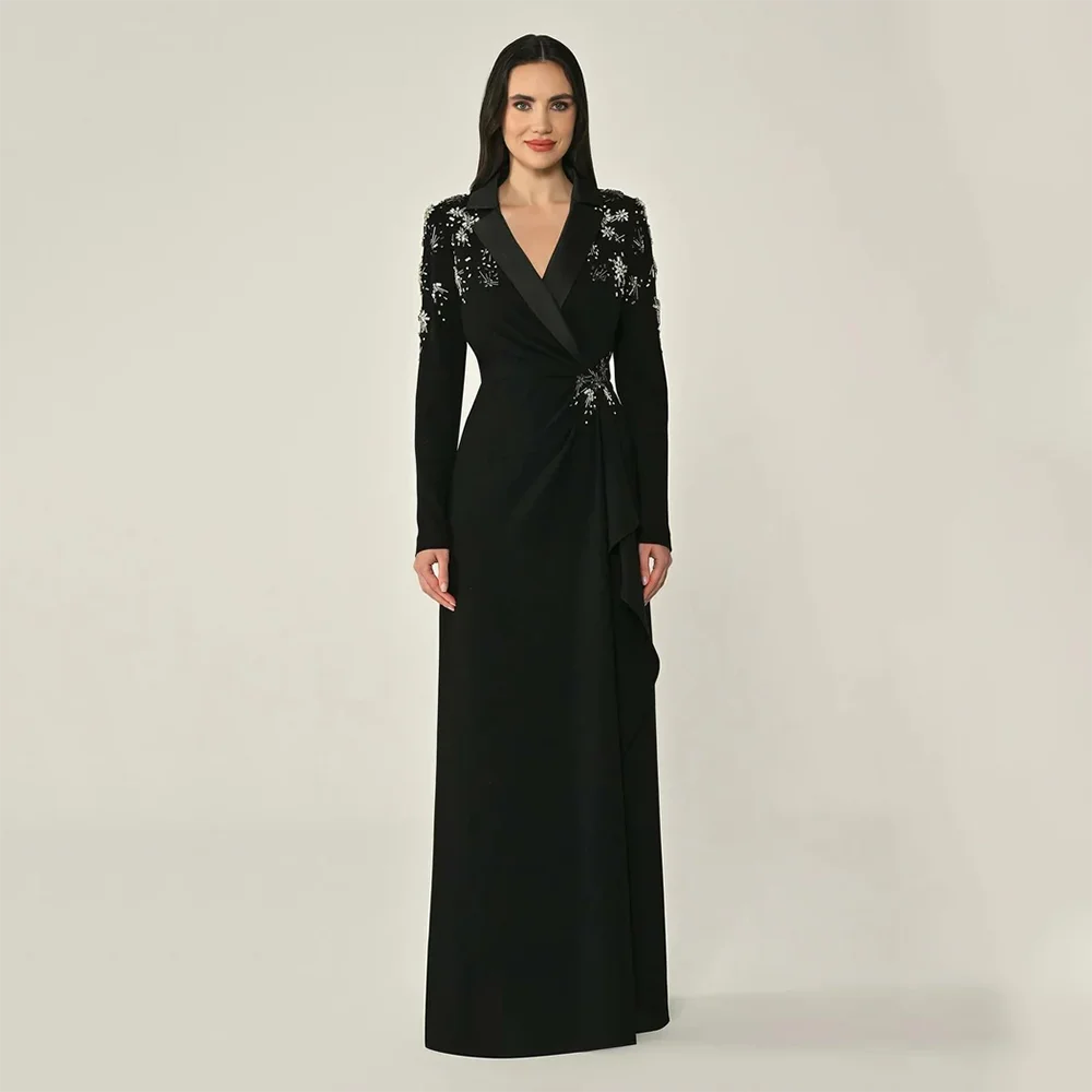 

Новая модель: Черное прямое вечернее платье для торжеств, индивидуальный пошив, модный V-образный вырез, длинные рукава, бальное платье, кристаллы, плиссировка, длина в пол
