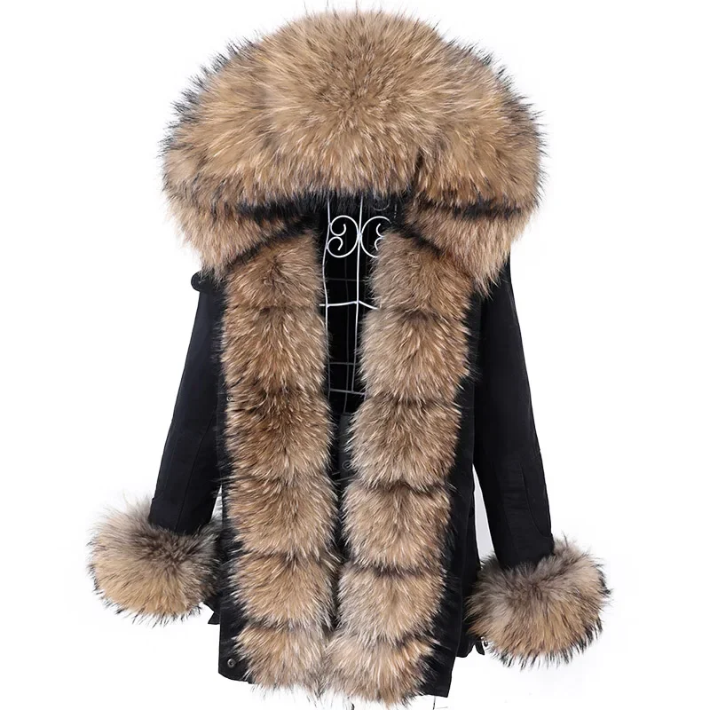 2023 Maomaokong Winterjas Vrouwen Grote Natuurlijke Echte Vos Wasbeer Bontkraag Jas Vrouwelijke Kleding Verwijderbare Binnenvoering Parka \'S