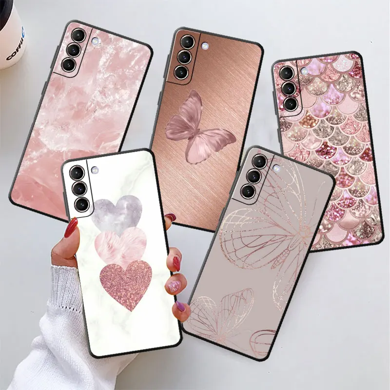 Case for Samsung Galaxy S24 S23 S10e S8 S7 S10 S21 S21 Plus S22 Ultra 5G S20 FE S9 Soft Gold Pink Rose Glitter Hearts Cover 