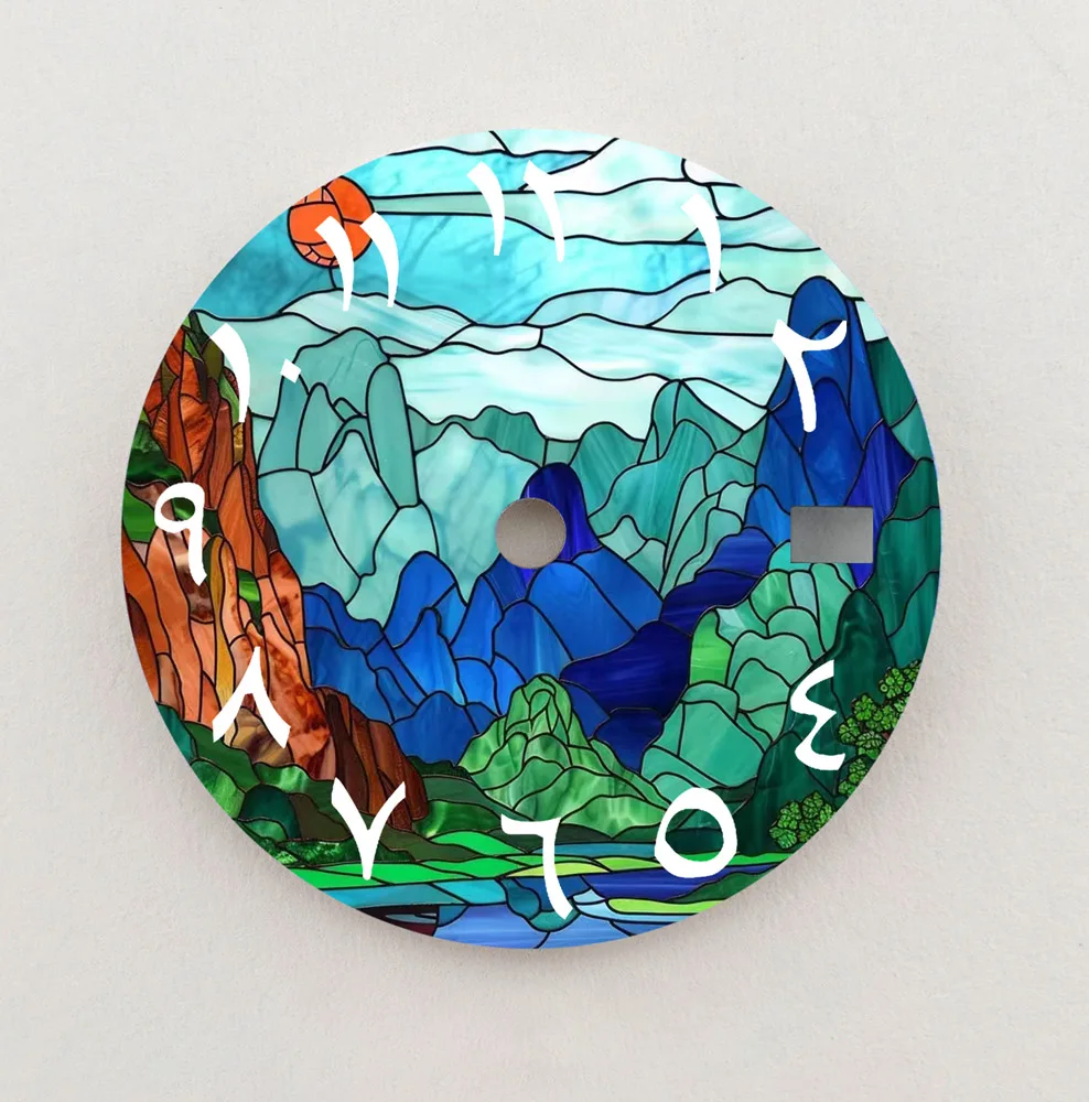 NH35 Dial 28.5 มม.ภูมิทัศน์ปริศนาSeriesตัวเลขอาหรับDial NH36 DialคุณภาพสูงDialโลโก้ที่กําหนดเองFit NH35/36 การเคลื่อนไหว