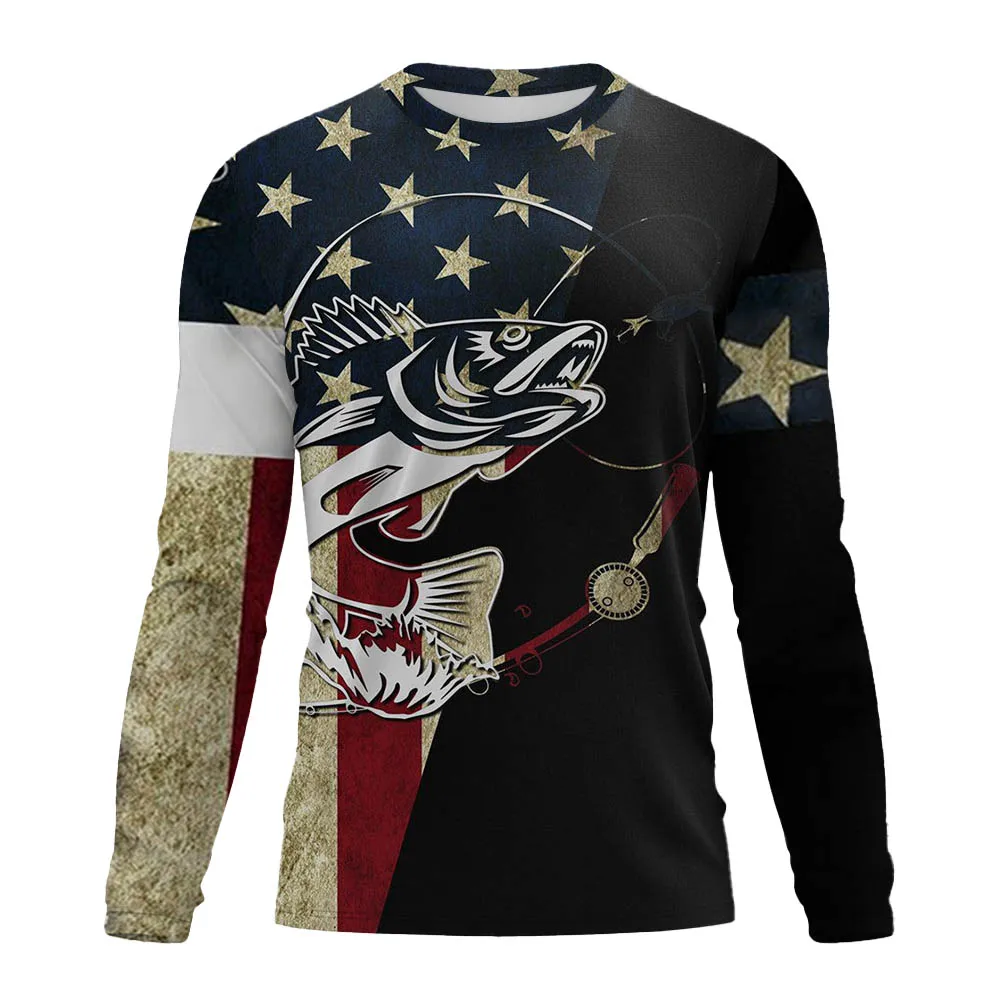 New men\'s outdoor fishing long sleeved T-shirt 3D fish Pattern printing casual and fashionable round neck Top T-shirt