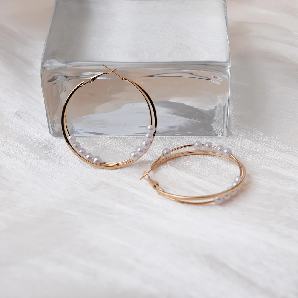 Gold Color Double Layers Metal Imitation Pearl Big Round Hoop Earrings Women Big Circle Hoops Statement Earrings Party Jewelry