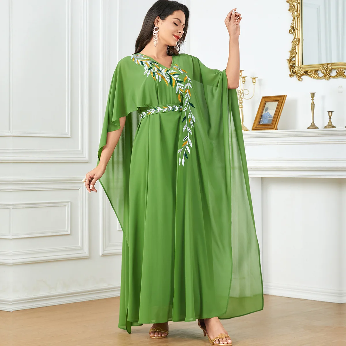 3877 New Solid Color Embroidery Fashion Light Dress Women's Robe Dress