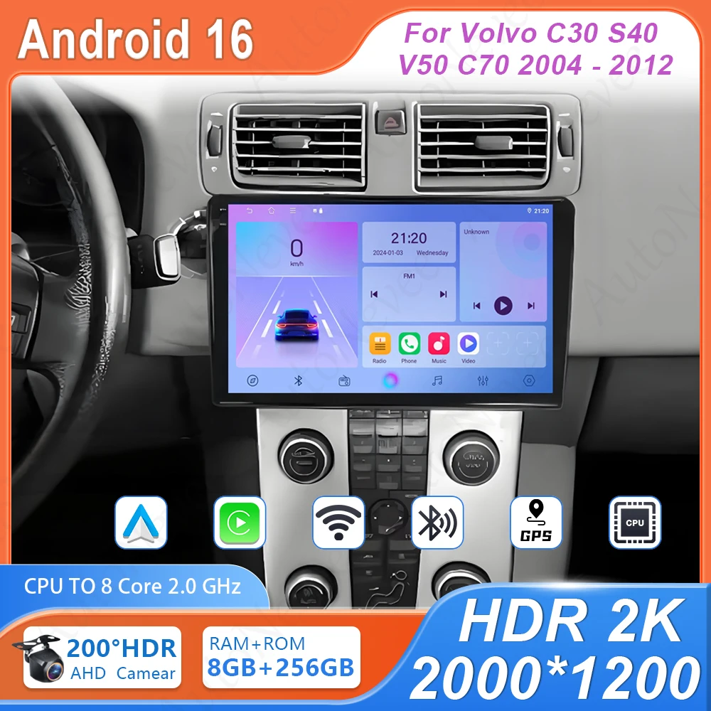 Radio con DVD para Auto Android para Volvo C30 S40 V50 C70 2004 - 2012 Unidad Principal Multimedia Pantalla QLED de Alto Rendimiento Navegación 4G