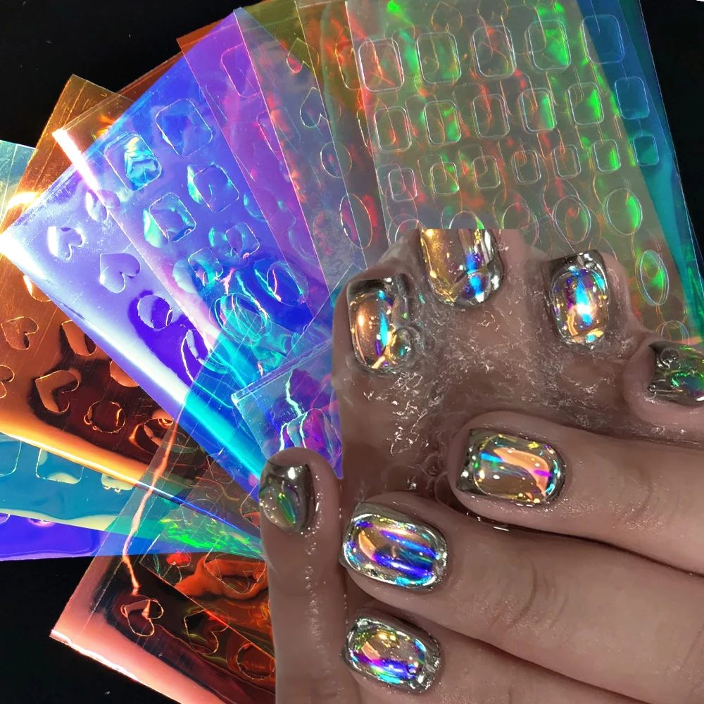 11pcs Aurora Glass Ice Cube Nail Foil Sticker 3D Glass Paper Nail Film Decals Rainbow Reflective Korean Style Nail Stickers