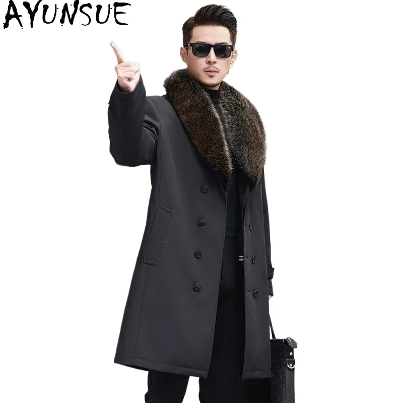 

AYUNSUE High Quality Natural Fur Parkas Men Luxury Winter Detachable Rabbit Fur Liner Jacket Raccoon Collar Long Fur Coats Man