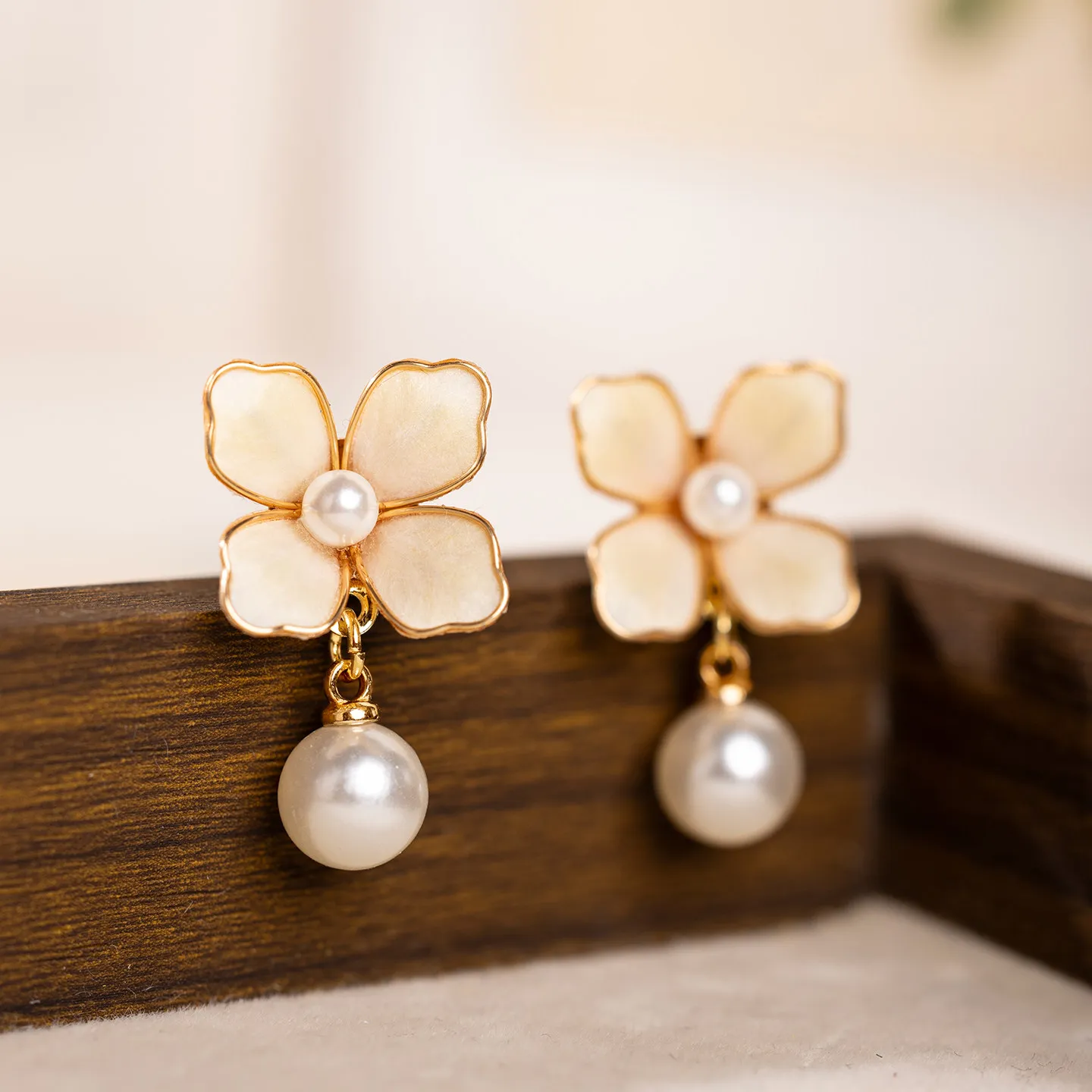Chinese Hanfu Style Light Yellow Velvet Flower Faux Pearl Dangle Earrings Traditional Chinese Aesthetic Ear Jewelry For Women