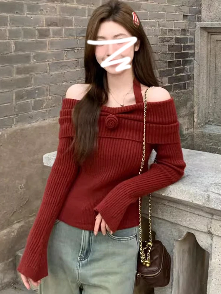 

Красный вязаный свитер на одно плечо, женский осенне-зимний новогодний свитер с внутренним слоем, милый тонкий свитер