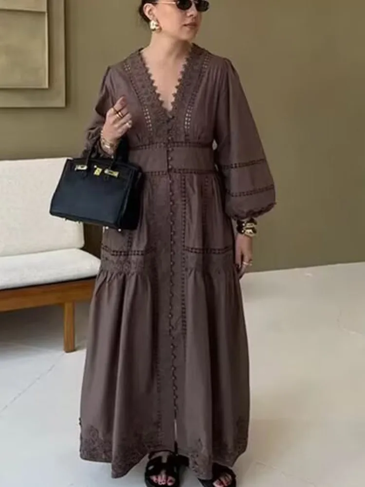 

Hollow Out Dress Women Elegant Lace Long Sleeve V-neck Solid Vestidos Para Mujer Lady Vacation High Fashion Street Long Dresses