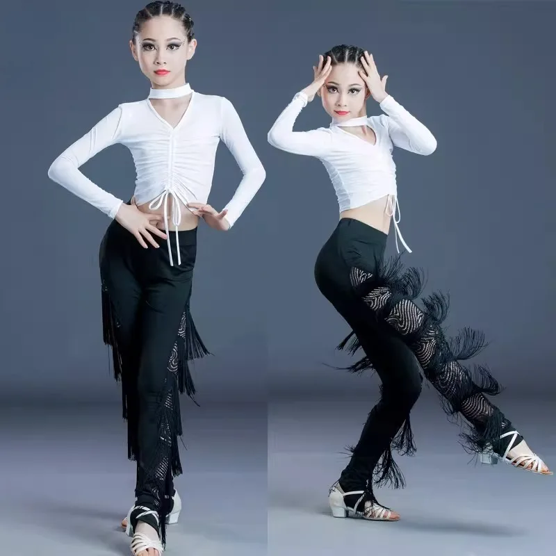 Girls Latin Dance Performance Costume Kids Tassel Fringe Professional Standard Practice Exam Autumn Trousers Stage performance