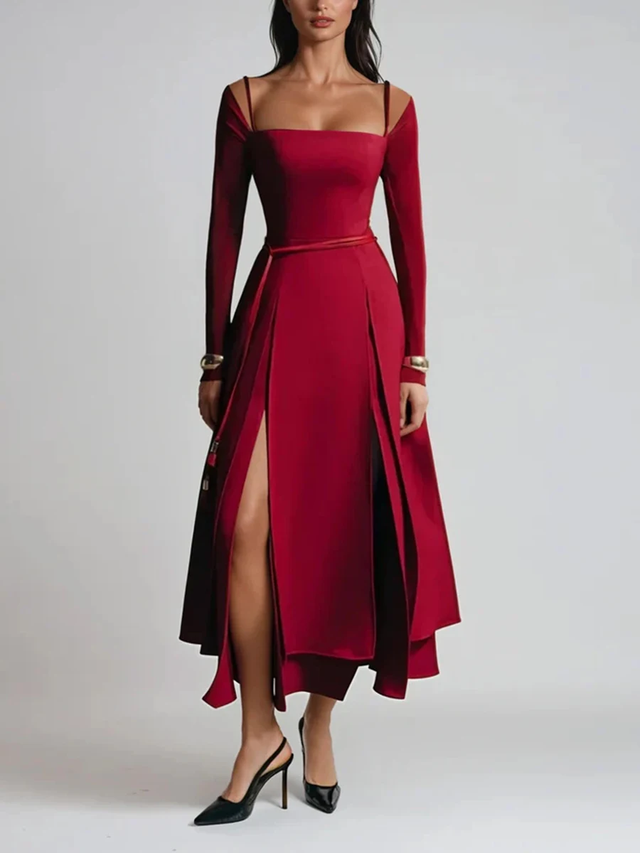 

Women Elegant Burgundy OffShoulder LongSleeved SquareNeck Sling Belted MidiDress with Slit HighWaist Fashionable Party Evening