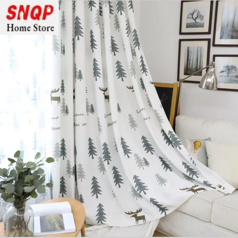 

Simple and Modern Nordic Fawn Cotton Linen Ins Net Red Thick Cartoon Christmas Blackout Curtains for Living Dining Room Bedroom