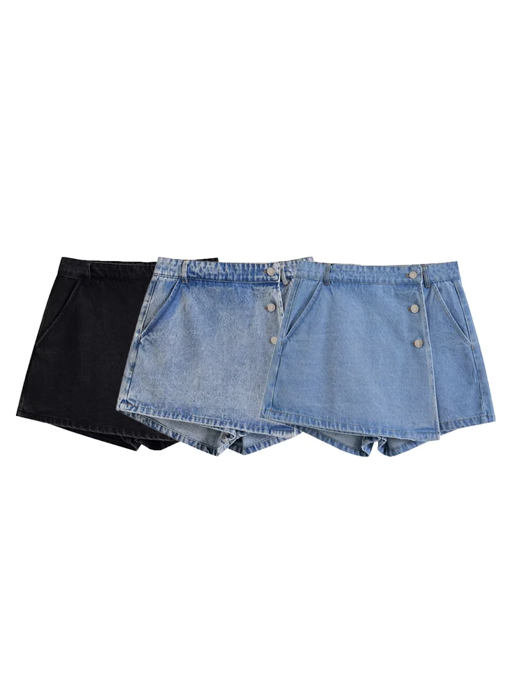 

Willshela Women Fashion Denim Solid Front Button A-Line Mini Skirts Shorts Vintage High Waist Female Chic Lady Shorts