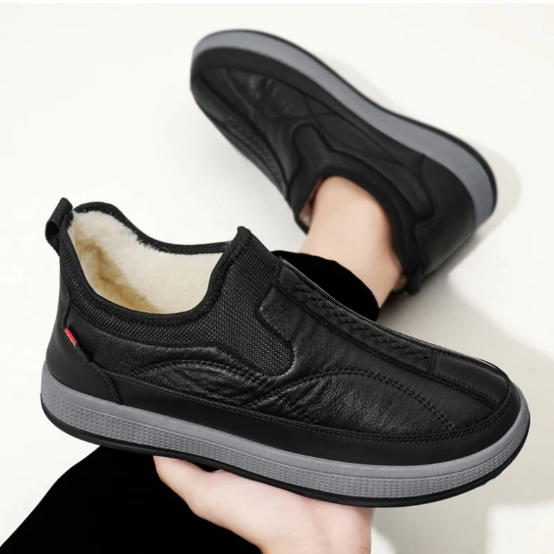 Winter Keep Warm Men Cotton Shoes PU Leather Outdoor Men Casual Shoes Thick Plush Comfort Walking Shoes Platform Slip-on Loafers