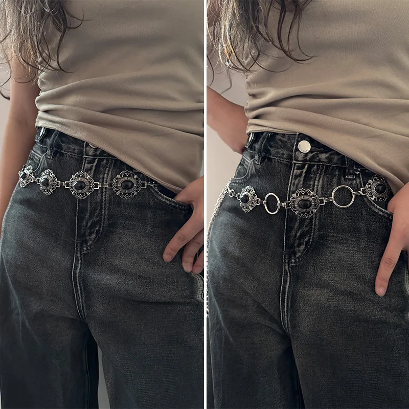 Frauen Cosplay Taille Kette Gürtel Weibliche Schwarze Edelsteine Stein Kristall Halloween Kostüm Gothic Zubehör Punk Jeans Bund
