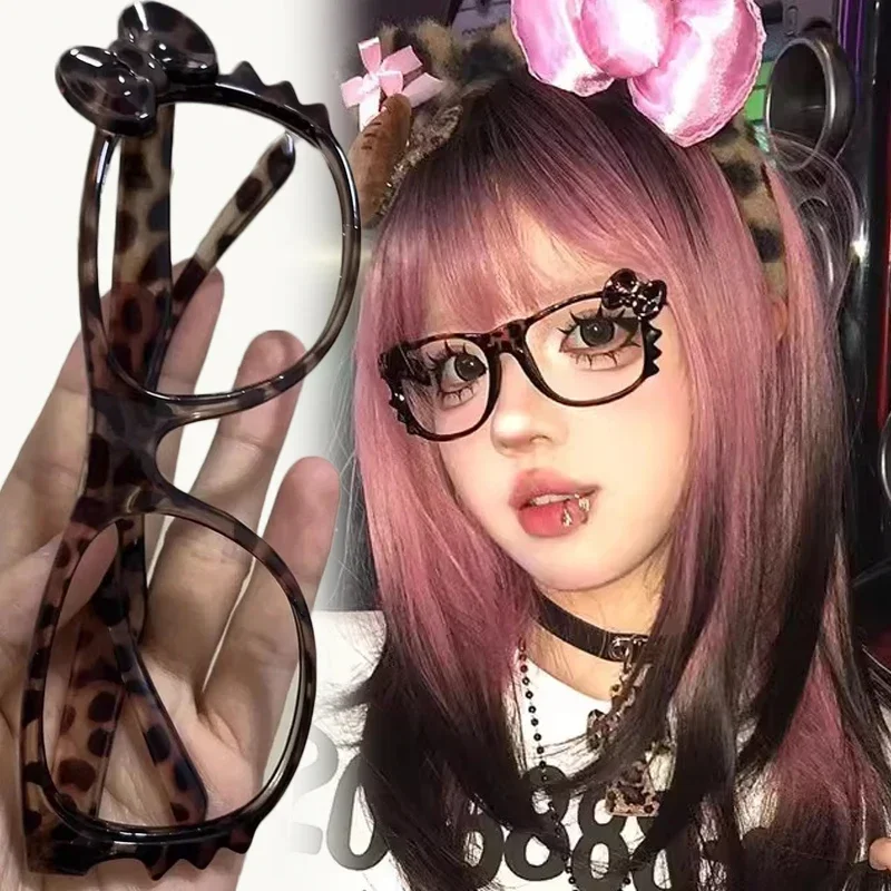 Y2K Hello Kitty Eyeglass Frame Anime Leopard Print Eyeglass Frame Kawaii Retro Glasses Cartoon Cute Eyewear Decorative Toys Gift