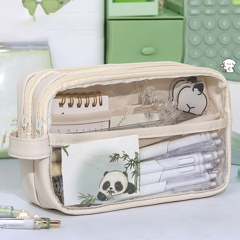 Large Capacity Cartoon Transparent Pencil Case Minimalist Style Student Pencil Case Portable Multi-layer Stationery Bag