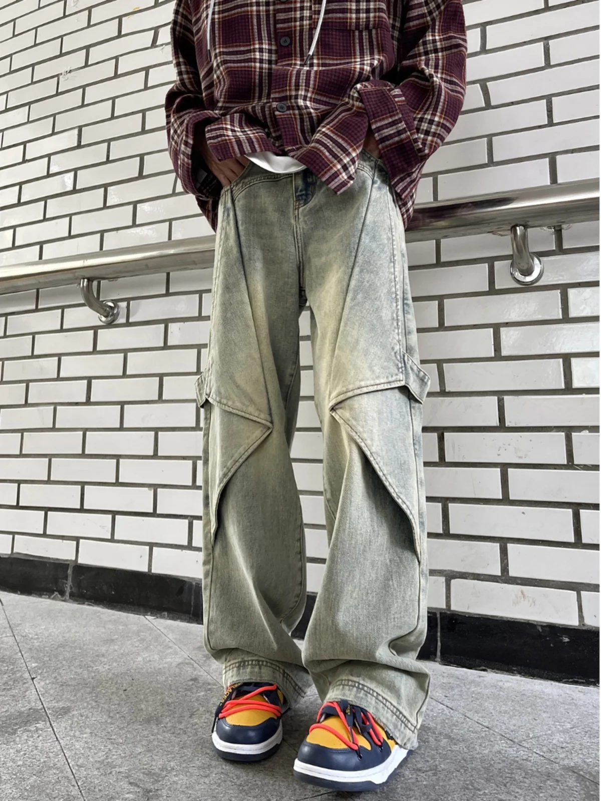 

American Style Mud Dyed Men's Jeans Autumn Winter High Street Vibe Design Loose Straight Leg Wide Leg Pants