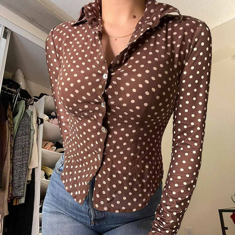 IAMHOTTY Y2K Polka Dot Print Blouses Vintage Single-breasted Long Sleeve Tops High Street Slim-fitting Turn-down Collar Blouses